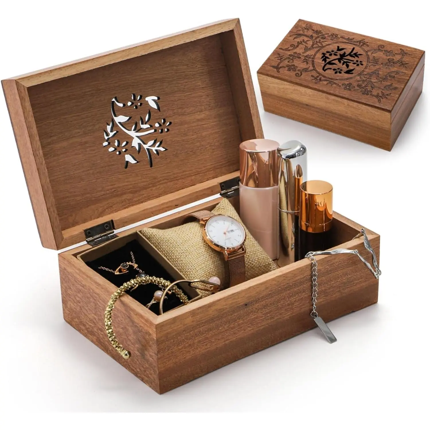 Memory Box, Acacia  Floral Engraved Souvenir Box with Hinged Lid, Small Decorative  Storage Organizer for Thanksgiving, Christmas, Birthday, Anniversary
