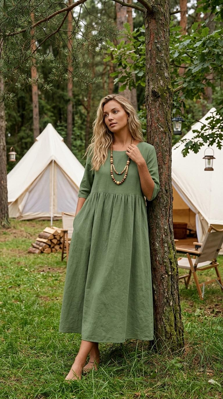 2026 Spring/Summer Round Neck 3/4 Sleeve Plus Size Casual Loose Long Solid Color Cotton Linen Dress