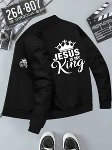 Men's Hooded Casual Jacket with Crown and Handwritten Text Print, Long Sleeve Loose-Fit Outerwear for All Seasons