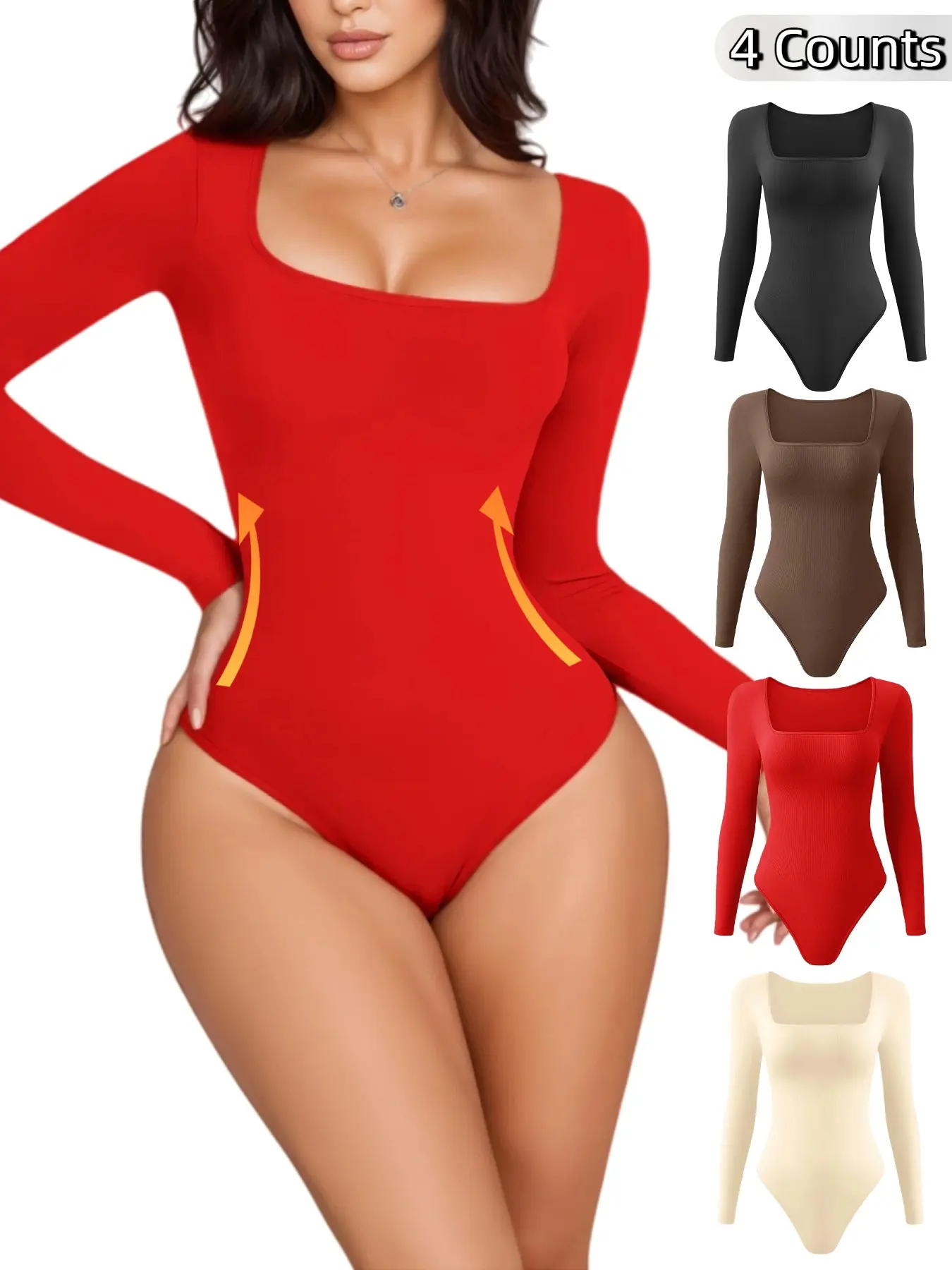 Women's Solid Square Neck Long Sleeve Elastic Shapewear Bodysuit, Casual Comfy Tummy Control Shaper for Daily Wear, Ladies Shapewear for All Seasons, Body Sculpting Garment, Body Shaping Underwear