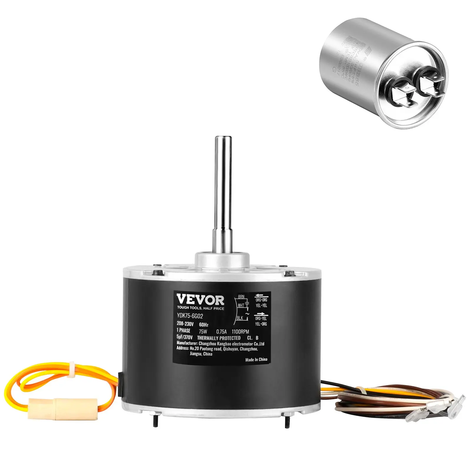 VEVOR Condenser Fan Motor 5KCP39BGS069S, 5KCP39BGY915S, 1/10 HP 208-230V, 1100RPM, OEM Standard Upgraded Replacement Condenser Motor Reversible Rotating, Explosion-proof CBB65 5F/370V Capacitor
