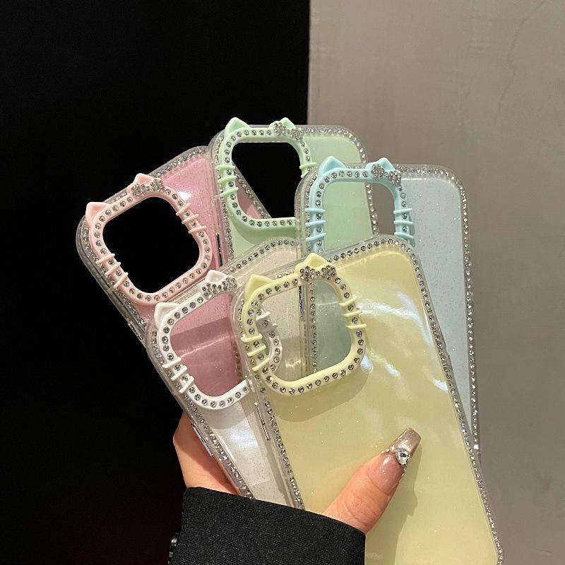 High-Value Double-Sided Diamond Cat Ear Phone Case Casing Accessories For iPhone 17, 16, 15, 14, 13, 12 Pro Max Plus with Glitter Protection #GLOBAL PICKS