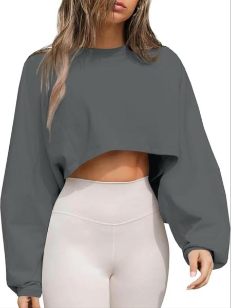 Women's Long Sleeve Round Neck Crop Top T-Shirt, Casual Solid Color Loose Pullover Sweatshirt, Perfect for Sports & Daily Wear, Casual Sporty Top