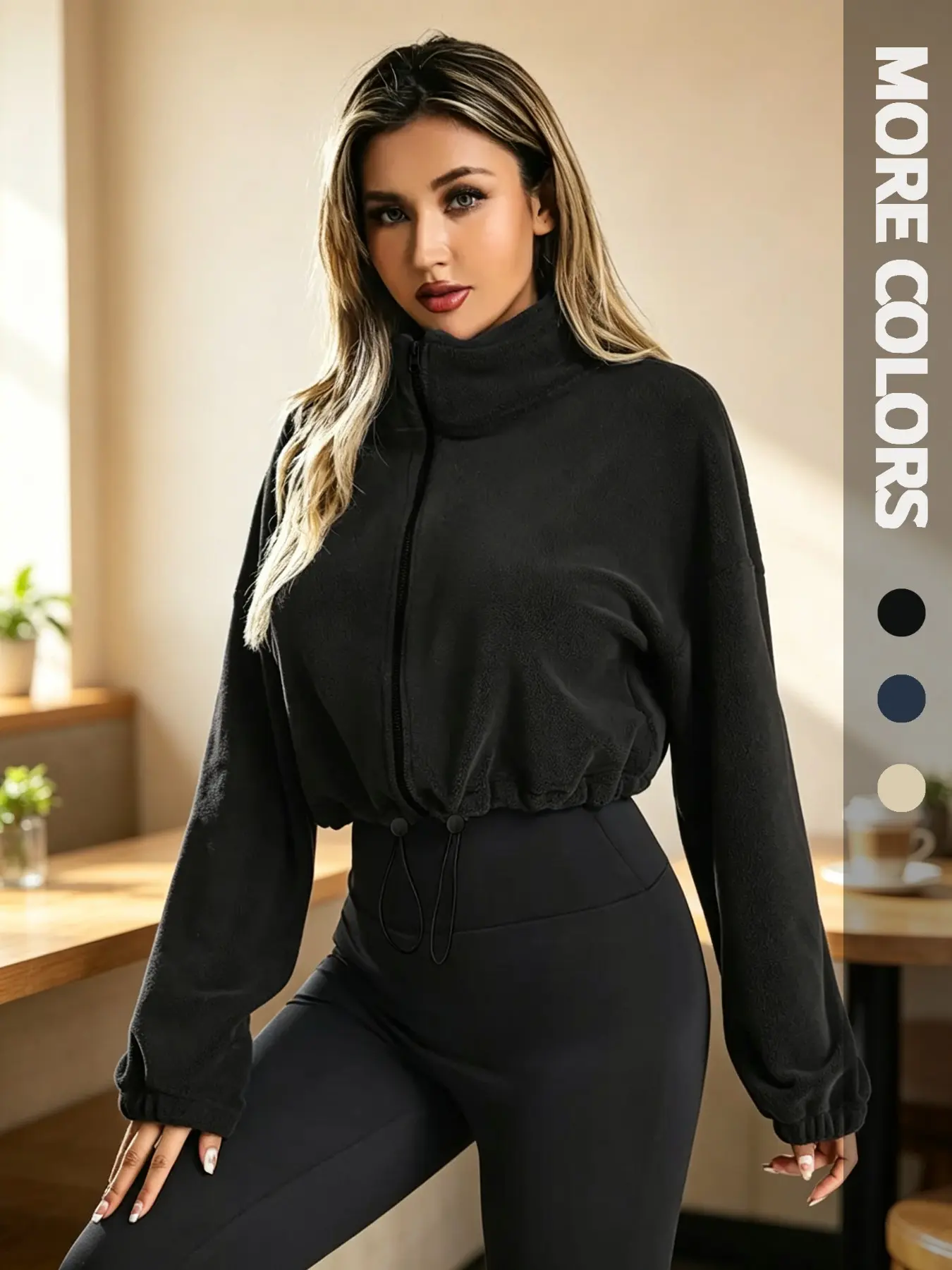 Women Soft Fleece Full Zip Stand Collar Cropped Jacket, Y2K Casual Loose Drawstring Hem Cropped Fleece Coat, Solid Color Zip‑Up Long Sleeve Fuzzy Outerwear for Daily Sports Gym Street Going-out Outfit