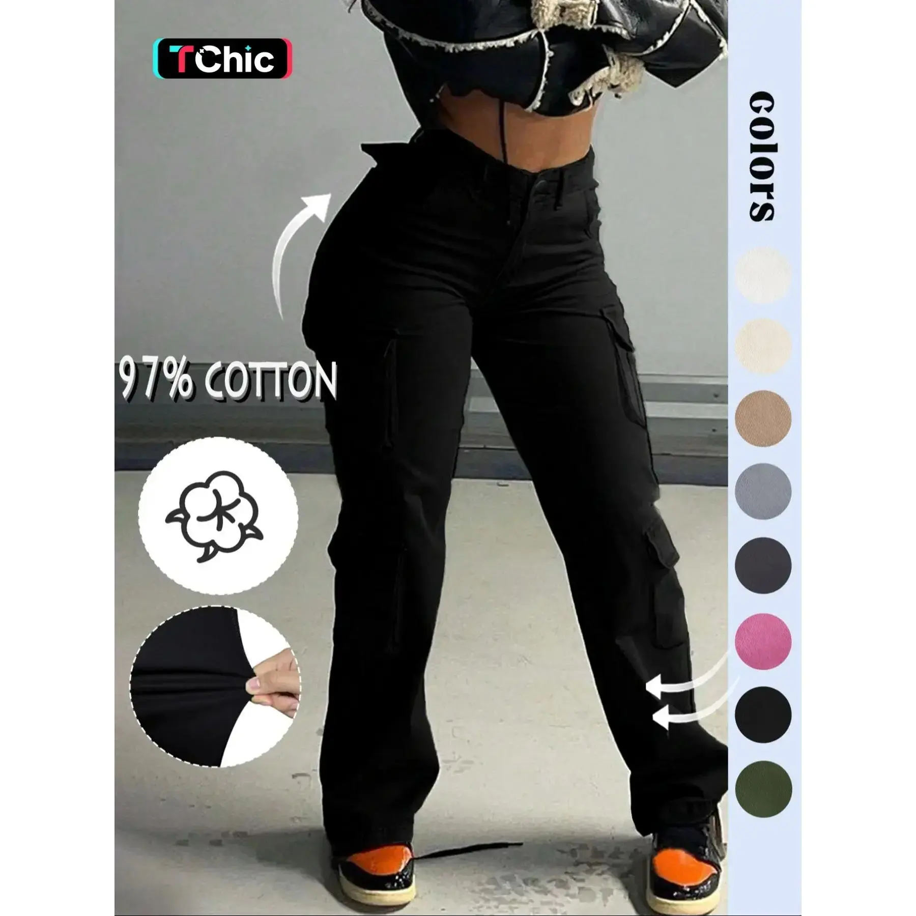 1Women's Y2K High-Waisted Cargo Pants, Comfortable Loose Cotton Trousers with Pockets for Daily Wear, K-Pop Streetwear Style