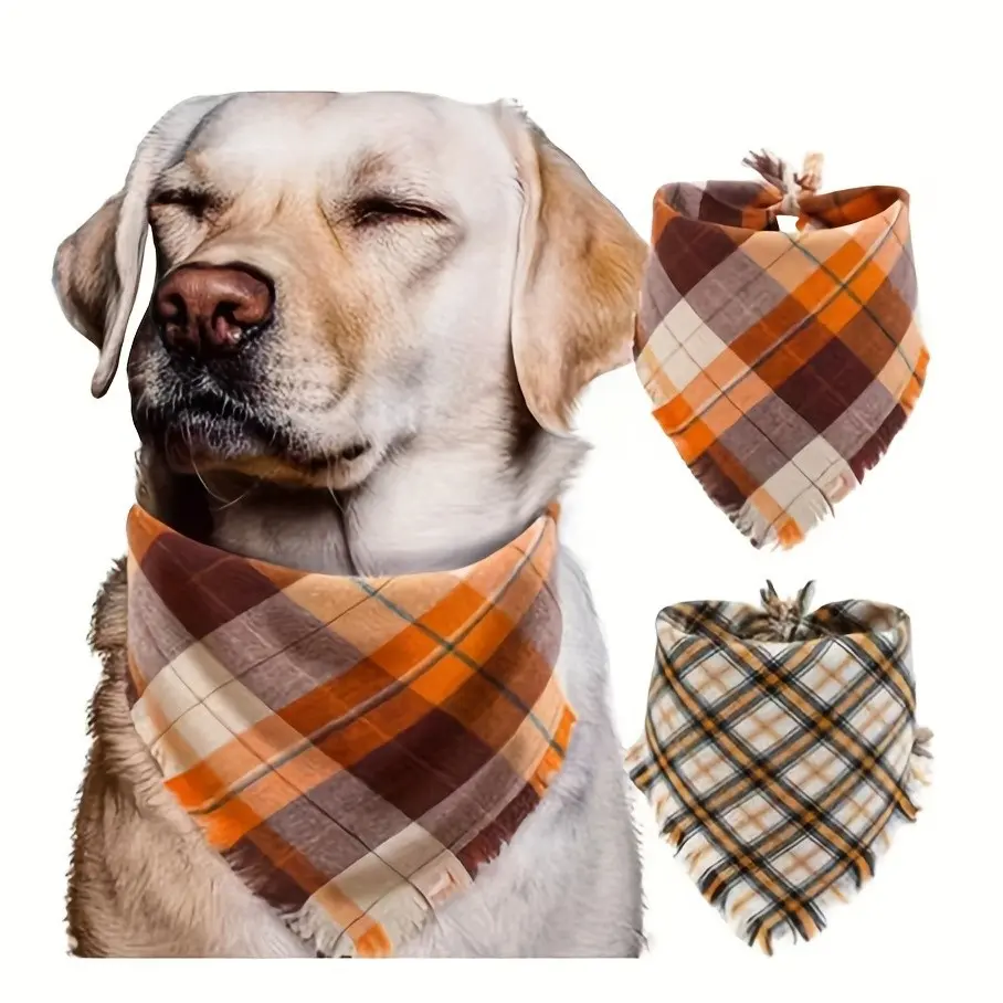2-Pack Fall Dog Scarves, Fringe Pet Towels, Fashion Plaid Pet Wraps, Thanksgiving Halloween Themed, Suitable for Medium Small Dogs, Boys and Girls