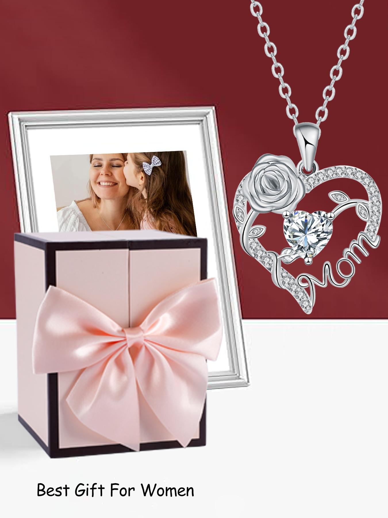 Rose Heart Mom Birthstone Necklace With Bear Rose Jewelry Gift Box, Exquisite Jewelry Gift, I Love You Mom Necklace, Mother's Day Christmas Gifts Jewelry for Grandmother Women Wife,Gifts For Women