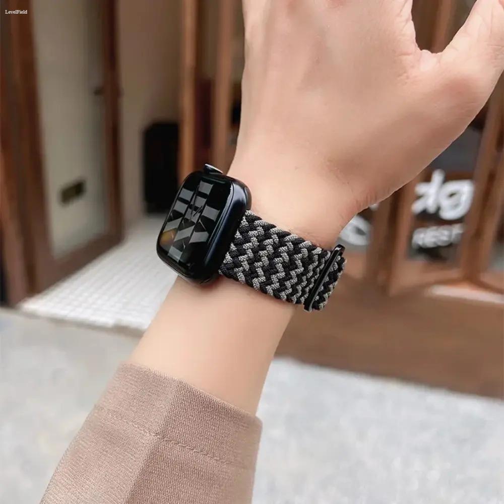 Braided Nylon Apple Watch Band for Women & Men Adjustable Stretchy Solo Loop Strap Soft Breathable Replacement for 38-49mm Ultra SE Series 3-9 Comfortable Fit Workout Daily Wear