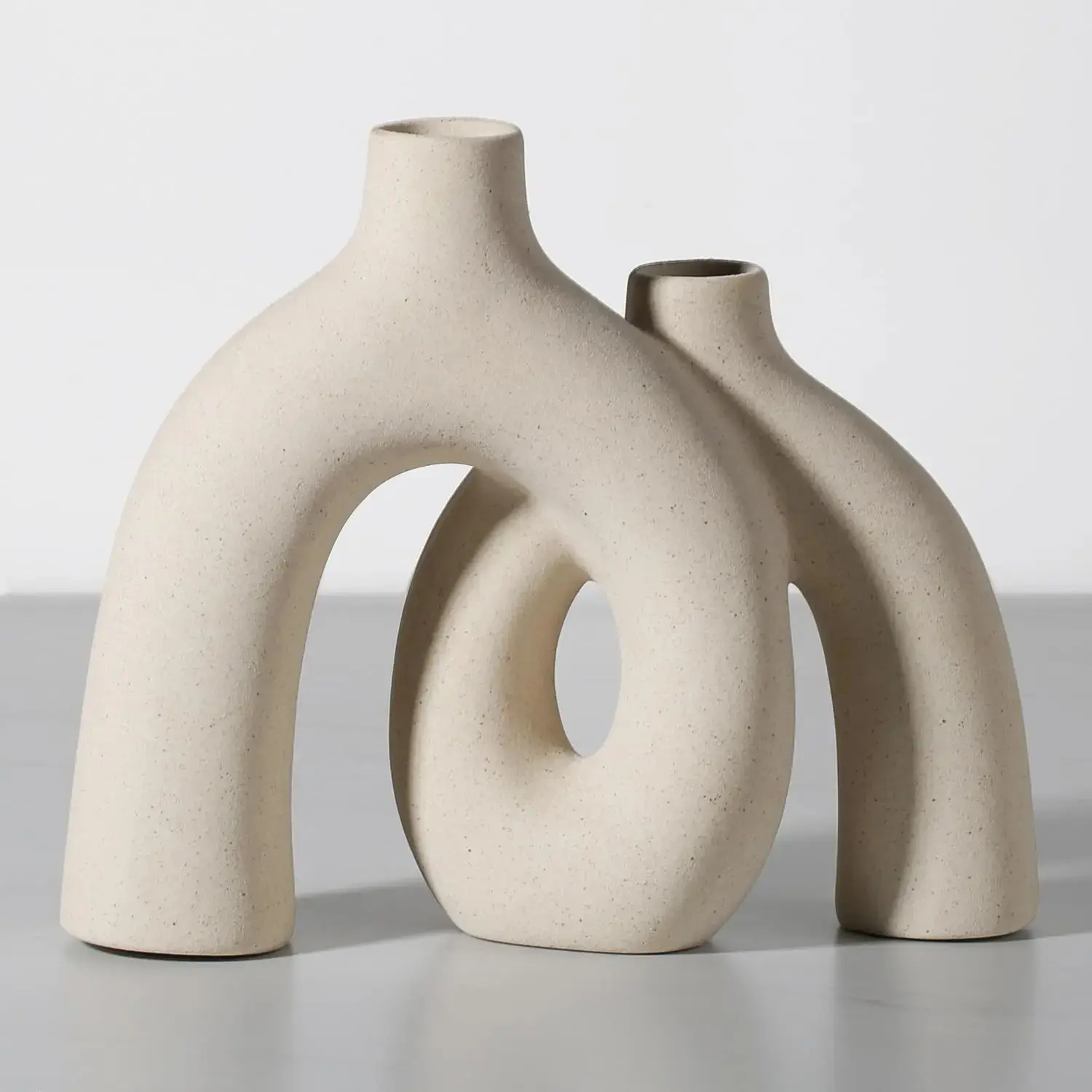 Modern Nordic Boho Vase Set - Elegant Beige Matte Ceramic Decor for Living Room, Bookshelf, Mantel, Entryway Table & Console Decor | Shelf Decorations