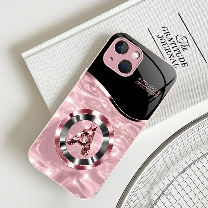 Viral custom initial letter bling rhinestone MagSafe magnetic glass phone case, rose gold water ripple glossy electroplated shockproof girly aesthetic cover compatible with iPhone 13—9435