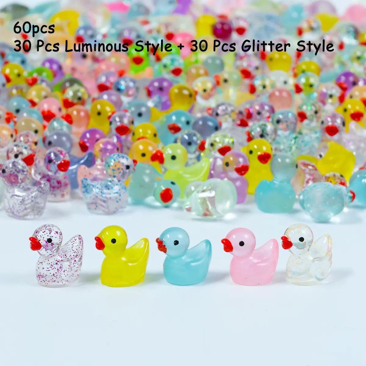 60 Pcs Resin Mini Duck Ornaments Set, 30 Glow-In-The-Dark + 30 Sparkly, Macaron Colors, Desktop DIY Decor, Blind Bag, Cute Collectible