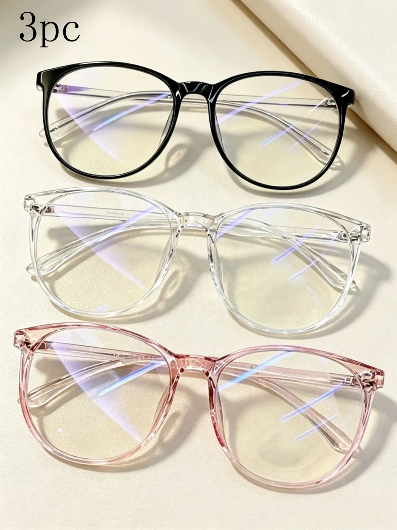 3pc New Transparent Retro Classic Summer Eyeglass Frames, Fashionable Influencer Plain Frame Glasses, Round Large Blue Light Blocking Clear Lenses