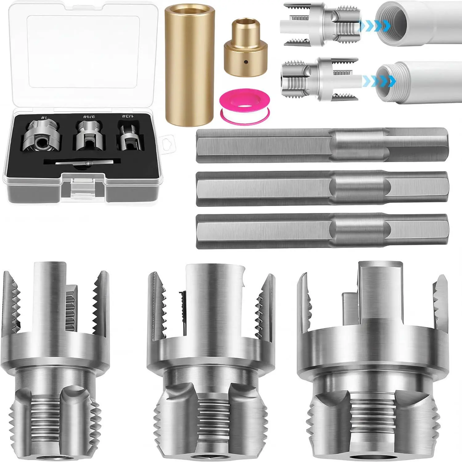 Professional 4-in-1 PVC Pipe Threading Tool Kit with Golden Hot Melt Welding Dies, Internal/External Thread Cutter Set for 1/2" 3/4" 1" Pipes, Drill Compatible Plumbing Tapping & Fusion Attachment Hand Tools