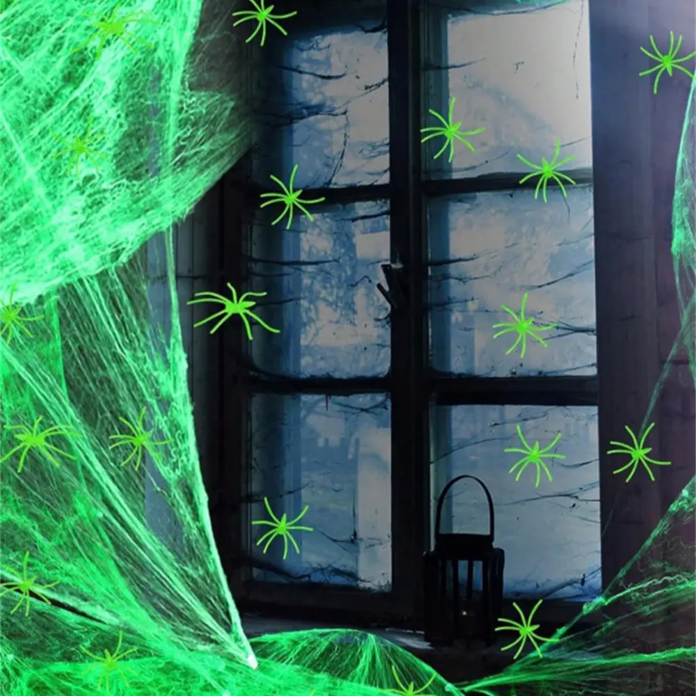 Glow-In-The-Dark Spider Web with Realistic Spiders, Fluorescent Stretchable Spider Web, Perfect for Indoor Outdoor Halloween Decorations