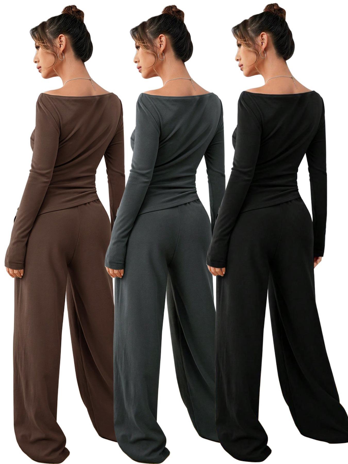 Women's Solid Long Sleeve Tee & Wide Leg Pants Two-piece Set, Casual Round Neck Top & Trousers 2 Piece Set for Spring & Fall, Women's Clothes for Daily Wear