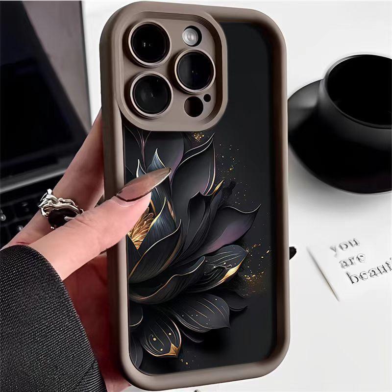 Aesthetic Black Gold Lotus iPhone Case for iPhone 17 16 Pro Max 15 Pro 14, Luxury Full Protection Shockproof Cover, Trendy Floral Phone Case
