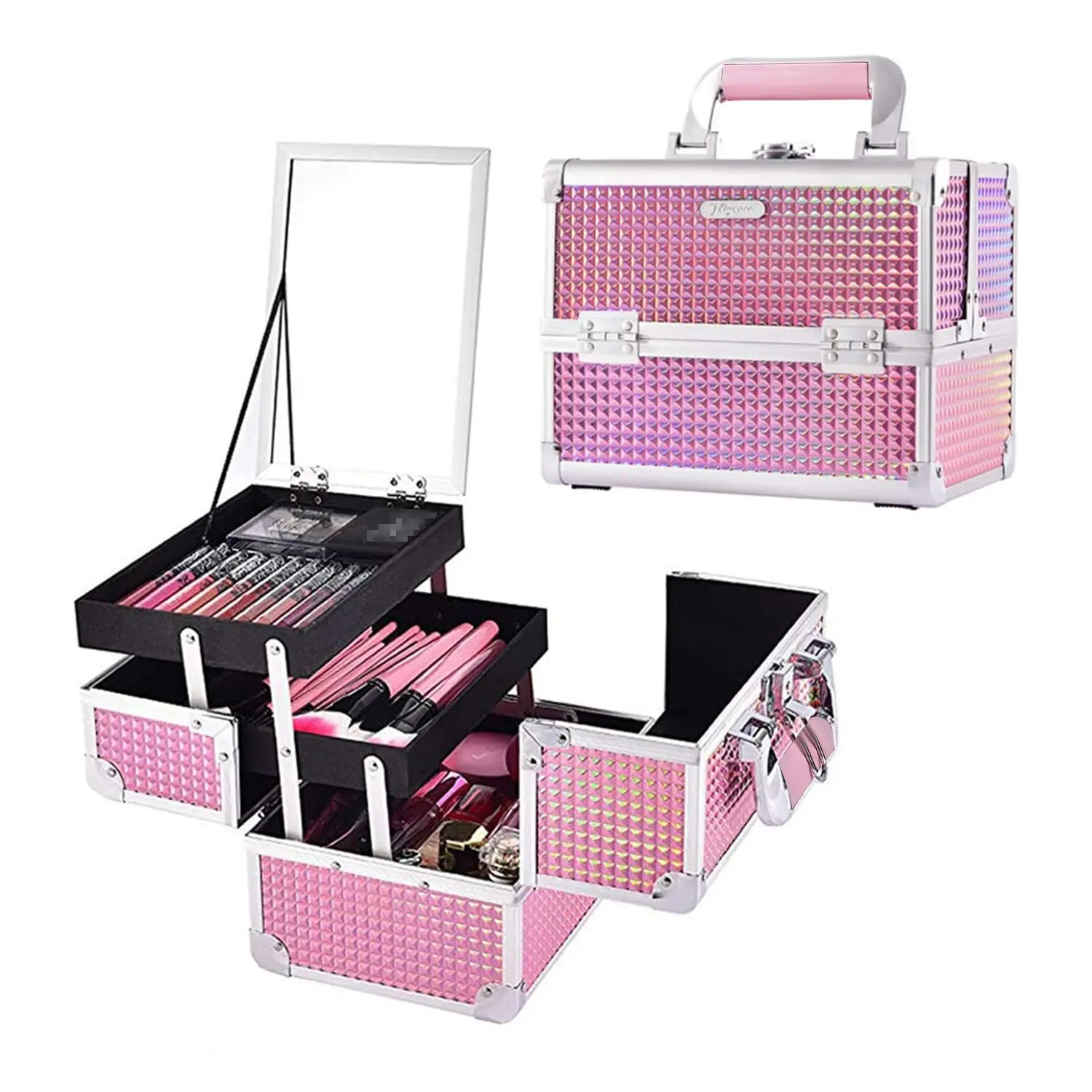 Makeup  Case Makeup Case Organizer Portable  Box Storage with 2 Trays Mirror Locking Make Up Travel Case for  Kits  Craft Traveling Makeup Box