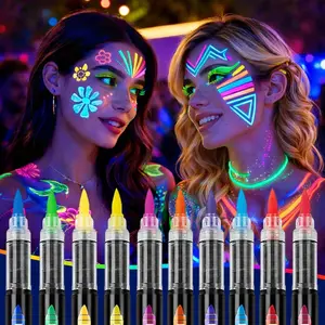 10 Colors Glow in the Dark Body Paint Markers, Fluorescent UV Face and Body Painting Pens Kit Neon Sticks Adult Glow Party, Halloween, Cosplay, Art, Christmas, Washable Tattoo Markers Skin