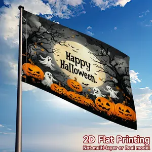 Happy Halloween Flag 2x3ft / 3x5ft - Spooky Jack-o'-Lanterns & Ghosts Banner, 2D Flat Print for Outdoor Yard Decor