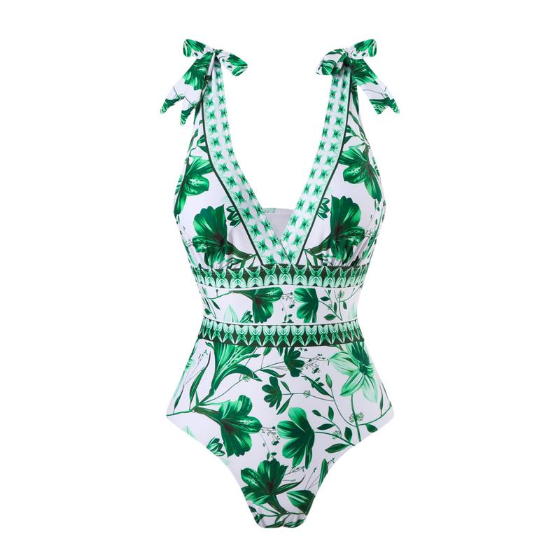 Women's V Neck Bohemian Print One-Piece Swimsuit and Matching Cover Skirt Set Summer Swimdress Swimming Vacation Beach Bathing SuitSuit Stylish Beachwear