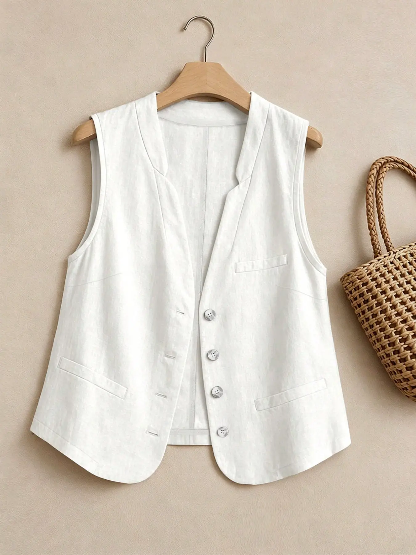 Lightweight Women's Vintage Elegant V-Neck Sleeveless Blazer Vest, Plain Simple Single Button Design, Summer Casual Commute Top