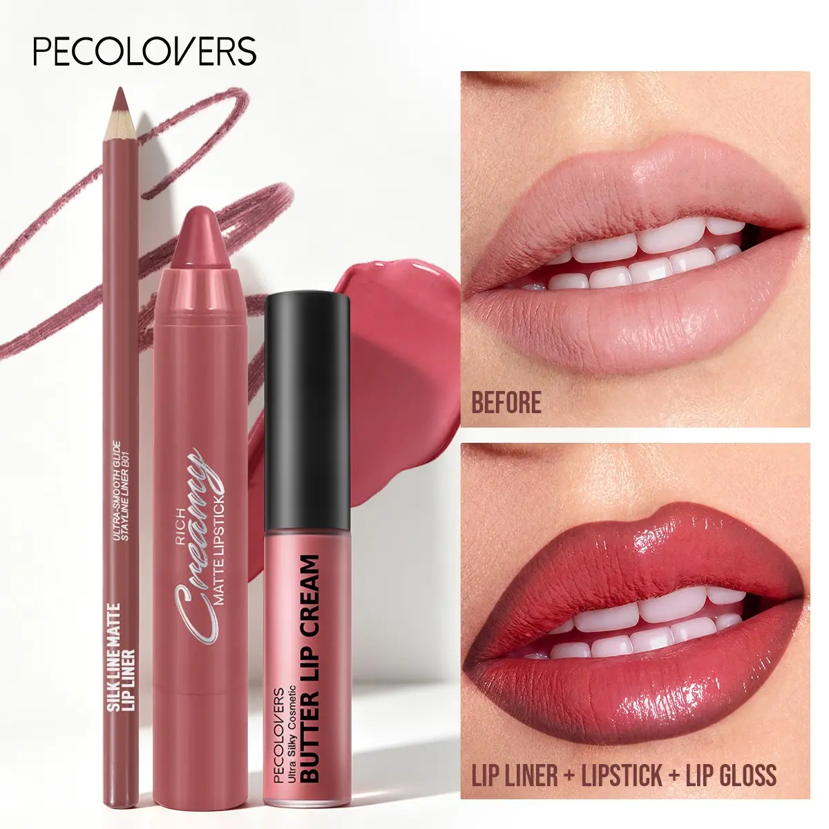 3pcs/set Makeup Set, Matte Lip Liner Pencil, Moisturizing Butter Lip Glaze, Matte Creamy Lipstick Crayon Pen, Long-Lasting, Deep Berry & Tones