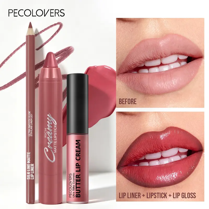 3pcs/set Makeup Set, Matte Lip Liner Pencil, Moisturizing Butter Lip Glaze, Matte Creamy Lipstick Crayon Pen, Long-Lasting, Deep Berry & Tones, Lip Trio