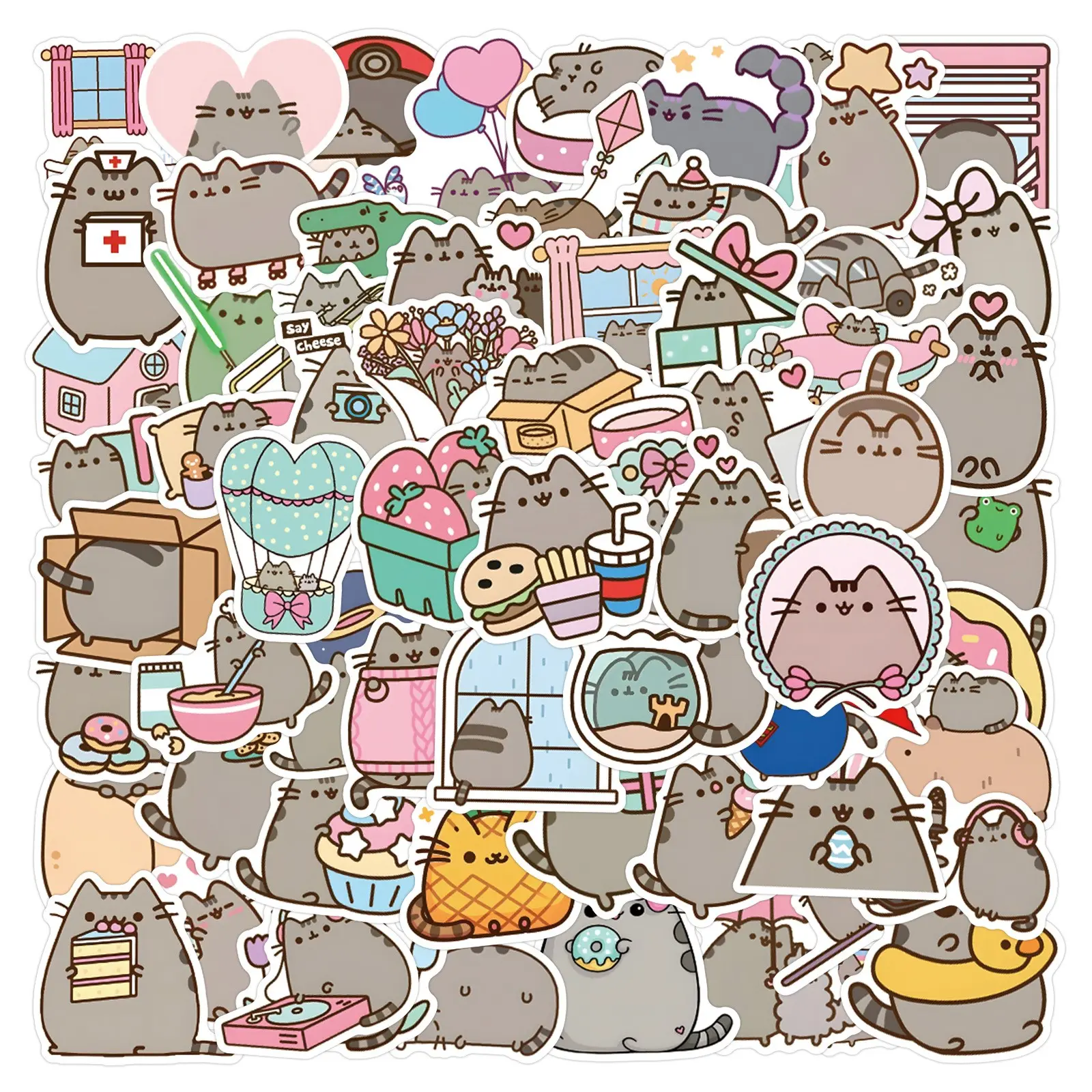 110 Pcs Anime Pusheen Cat Fun Stickers, Waterproof Stickers for Luggage, Water Bottle, Skateboard, Phone, Laptop, Notebook, Stationery, Planner