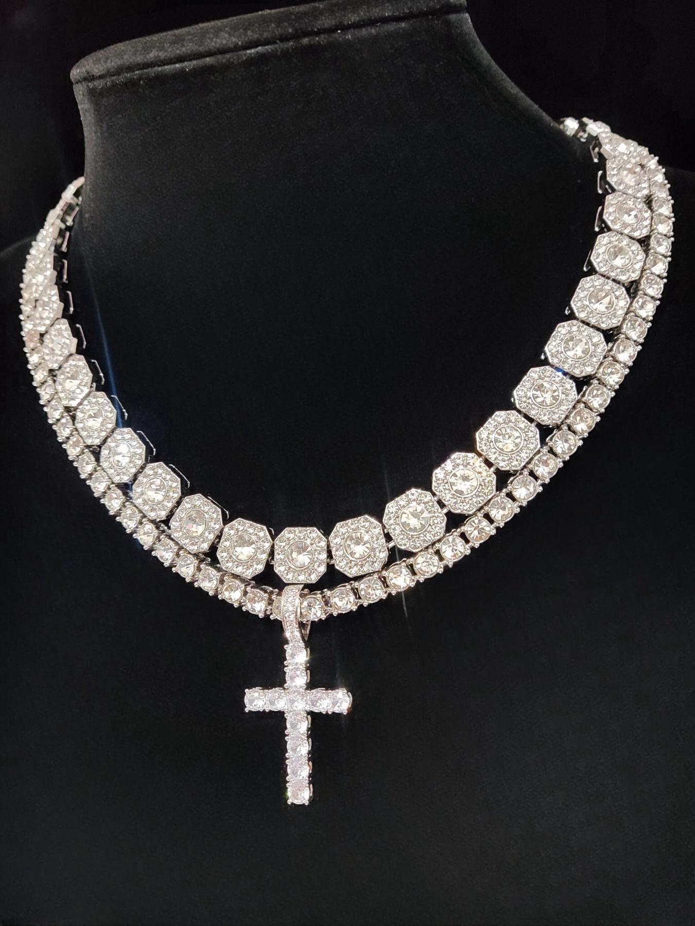 Artificial Zircon Decorated Cross Pendant Necklace & Chain Necklace, Cuban Cross Necklace, Punk Style Jewelry for Party, Daily Decor for Boy, Trendy Exquisite Hip Hop Jewelry for Birthday Gift