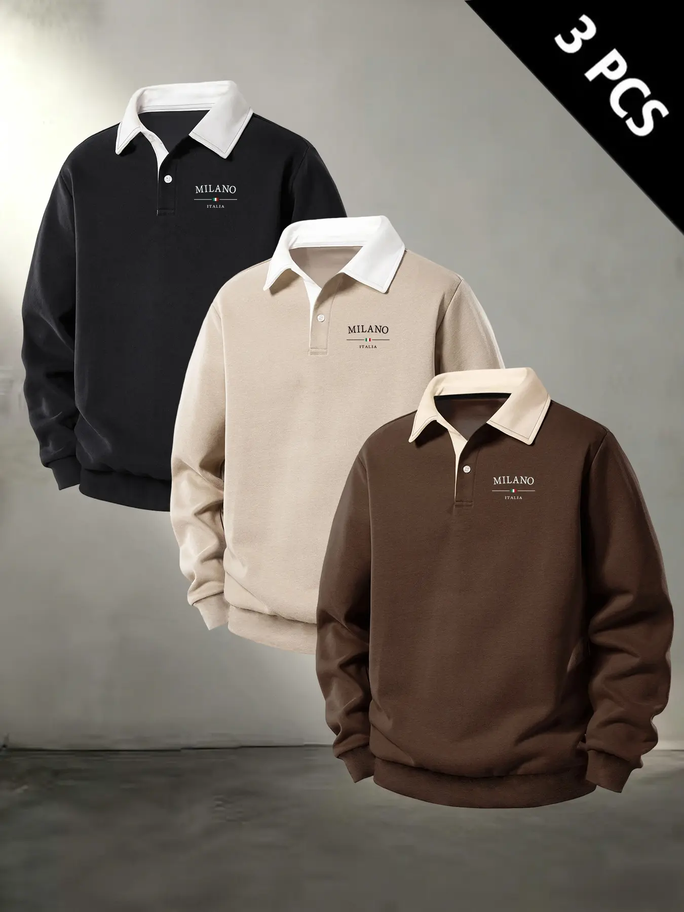 3 PCS Men’s Contrast Collar Polo Sweatshirt, Milano Italia Chest Logo Print, Long Sleeve Loose Casual Pullover, Business Daily Basic Tops Multipack#MensPoloSweatshirt #3PcsBundle #MilanoItalia #ContrastCollar #CasualPullover #BasicMenswear #MenLongSleeve
