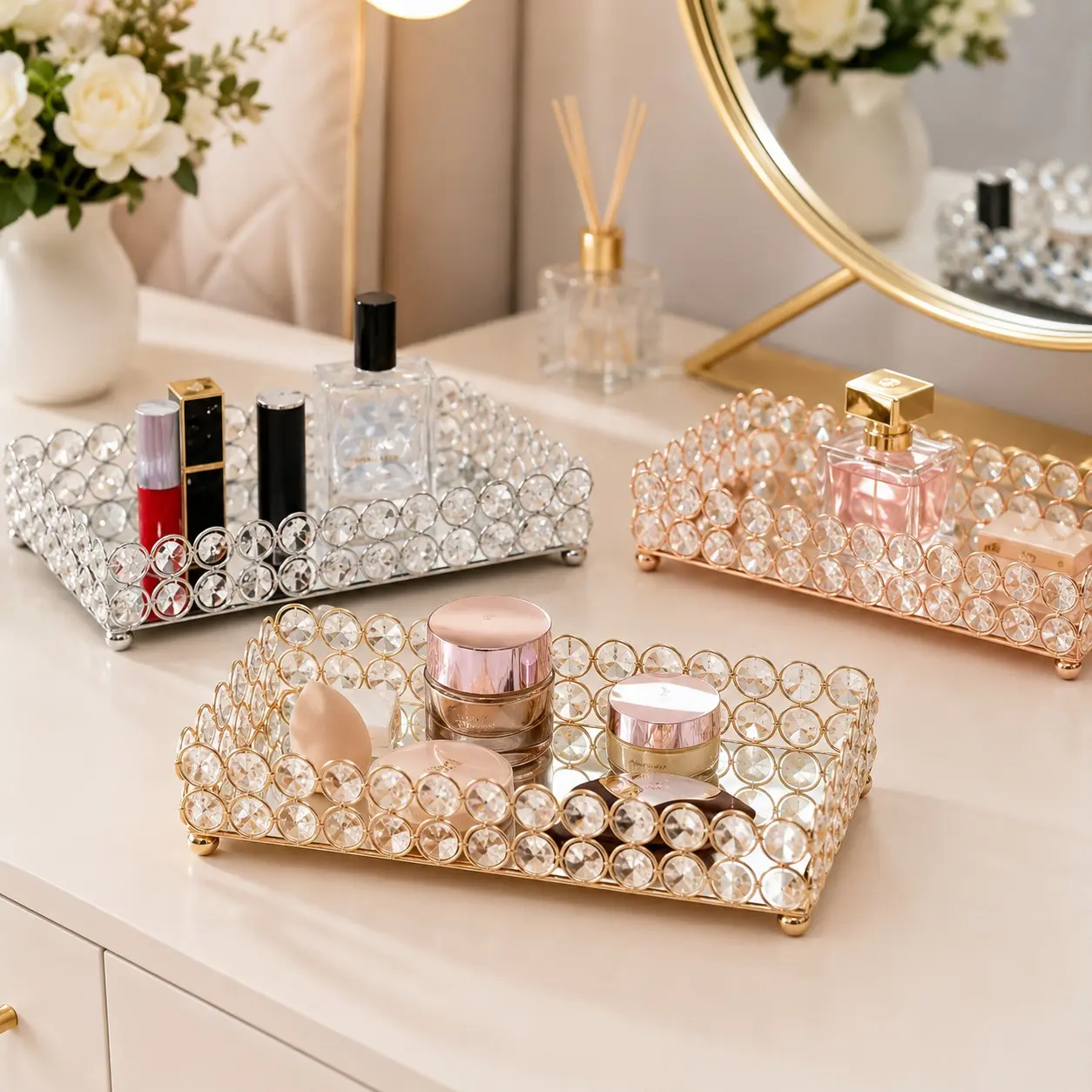 Light Luxury Crystal Rectangular Cosmetic Storage Tray, Gold & Silver Two-Tone Desktop Tray for Aroma Candles & Perfumes, Dresser Display Rack for Lipstick, Nail Polish & Jewelry, Premium Decor Ornament for Bathroom & Tabletop