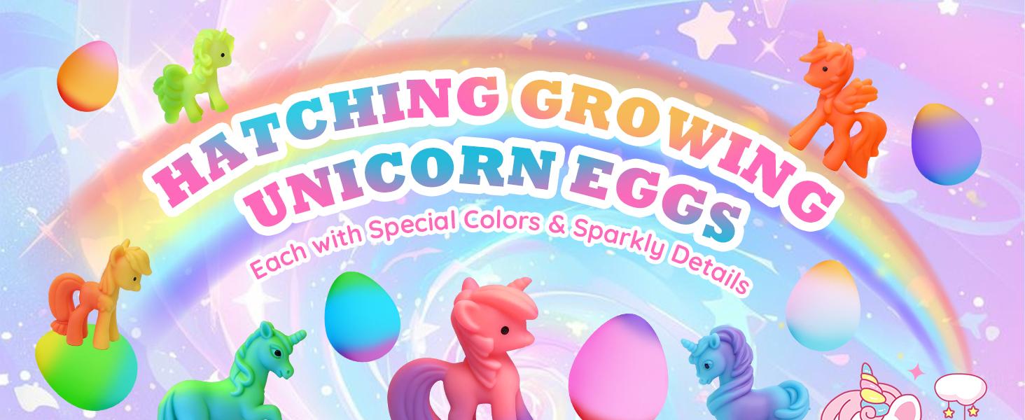 6 hatching and growing Unicorn eggs with 6 Unicorn, water-activated expansion toys, safe and fun magical transformation experience, perfect for Easter and birthday gifts.
