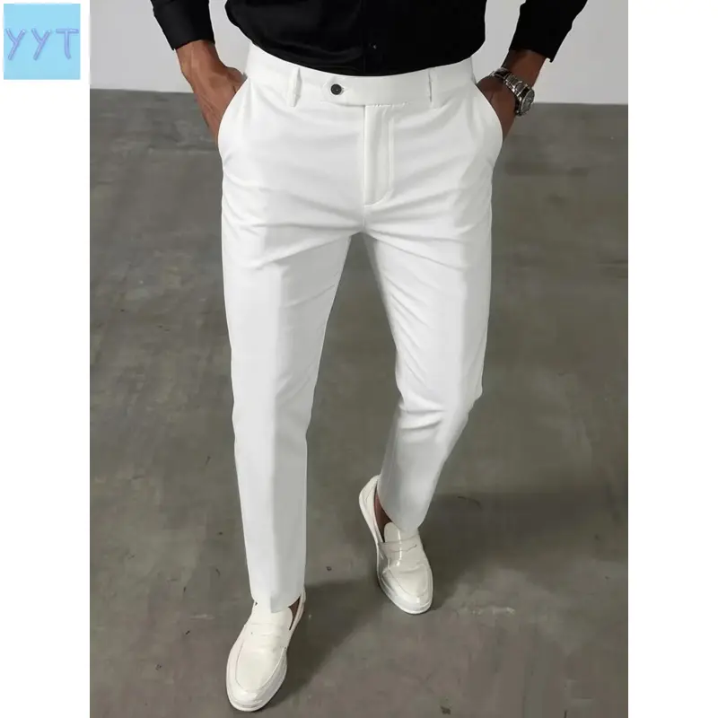 YYT1 Men's Business Casual Pleated Suit Pants, Slant Pockets, All-Season Easy-Care Trousers