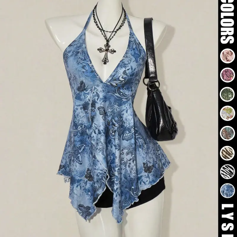 Y2K Women's Summer Butterfly Printed Sexy Hanging Neck Strap Tank Top