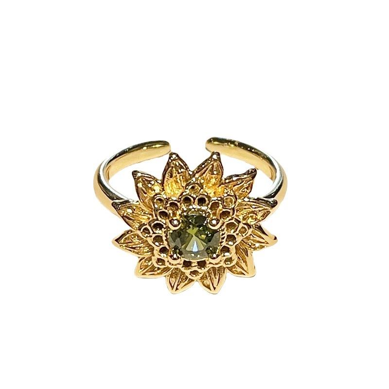 Fashionable and trendy sunflower vintage French retro light luxury high-end exquisite ultra-shiny accessory green diamond zircon gemstone open ring gift
