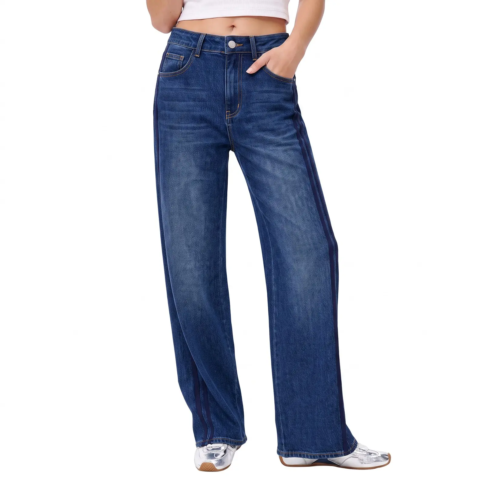 Cicy Bell Womens Wide Leg Jeans Side Striped High Waisted Denim Pants | Baggy Jeans with Pockets, Color Block, Side Stripe, Casual Vintage, Loose Fit, Stretchy, Daily Wear, Gradient