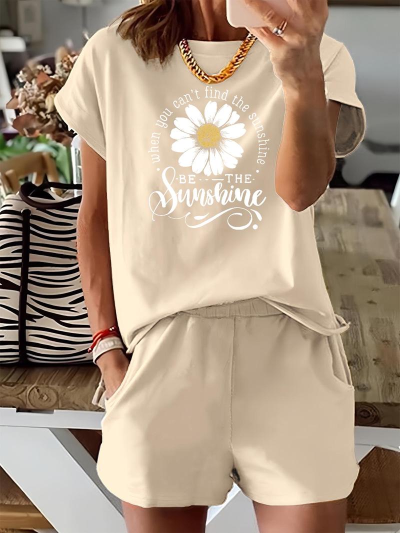Women's Floral & Letter Print Two-piece Set, Casual Short Sleeve Tee & Elastic Waist Shorts Set, Ladies Summer Outfits for Daily Wear
