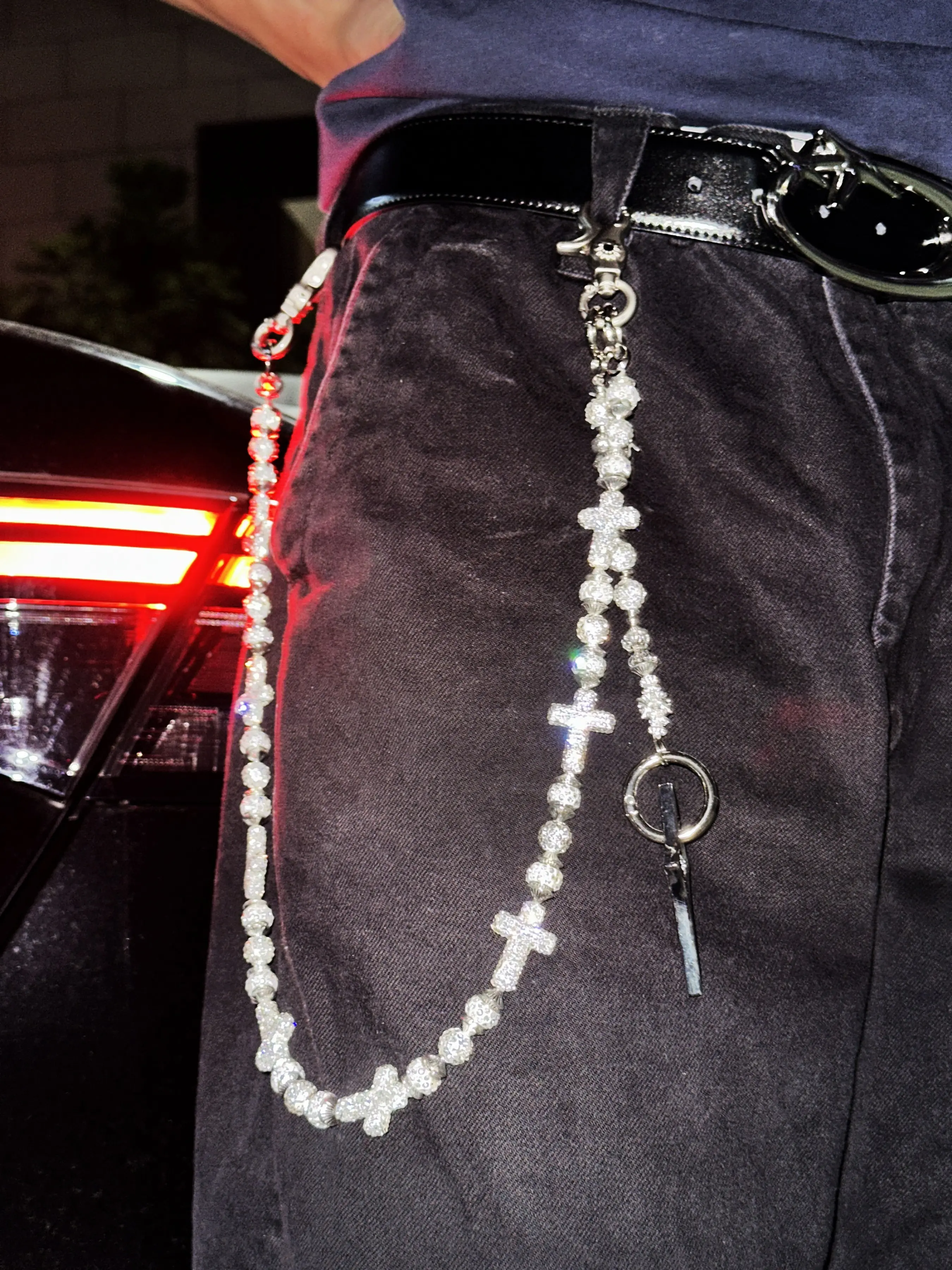 Silver Color Cross Pendant Belt Buckle, Rhinestone Beaded Flashy Hip Hop Streetwear Accessory, Punk Gothic Trendy Fashion