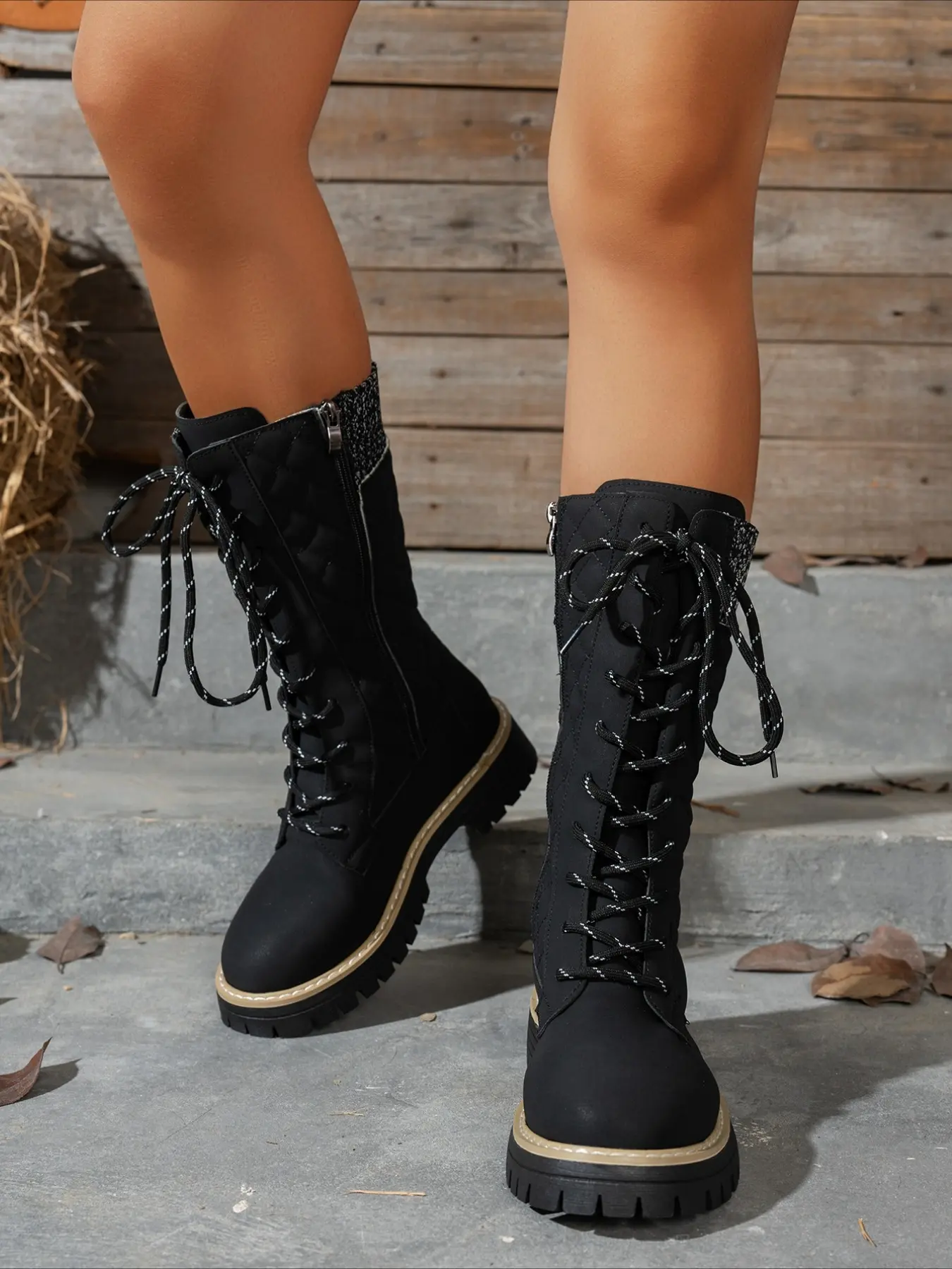 Black turned rhinestone ankle boots lace-up side zipper thick non-slip sole cool street style for autumn winter