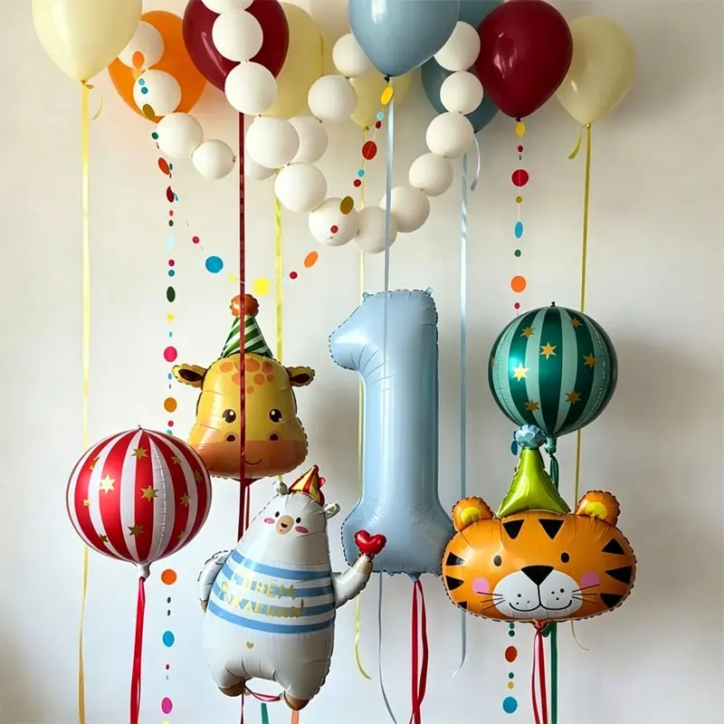 37‑Piece Circus Animal Number Balloon Bouquet Set,includes baby‑blue number balloon，giraffe head, tiger head, love bear foil balloon，Suitable for animal‑themed kids birthday parties，carnival events, kindergarten festival decorations，baby showers