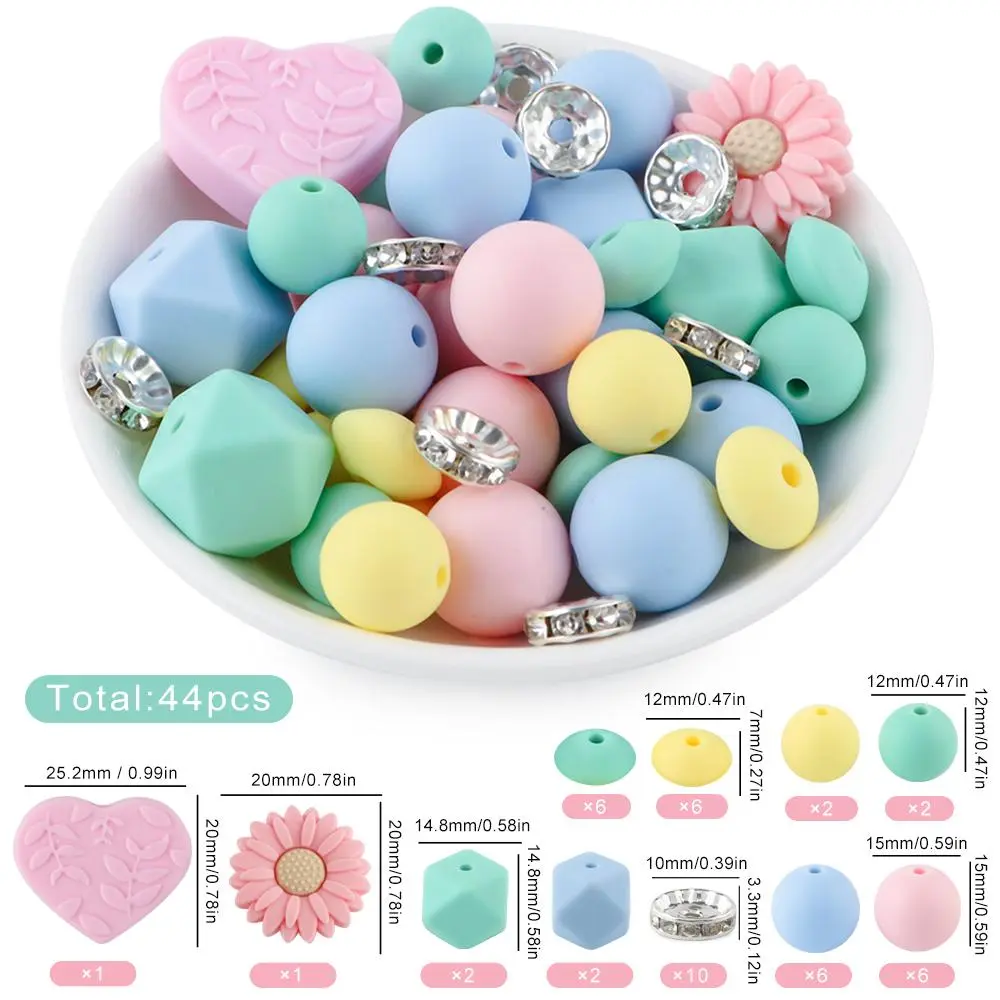 Silicone Beads Kit, 44pcs/set, Beads for bracelets, DIY Beads for Bracelet Necklace Jewelry Making, DIY Beading Accessories, Jewelry Making Supplies, DIY Mix Beads, Bead Assortment, Decorative Beads, Craft Beads