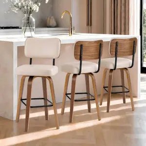 Set of 3 26 Inch Swivel Counter Height Bar Stools with Back, Bentwood Legs & Faux Leather Upholstery for Kitchen Counter