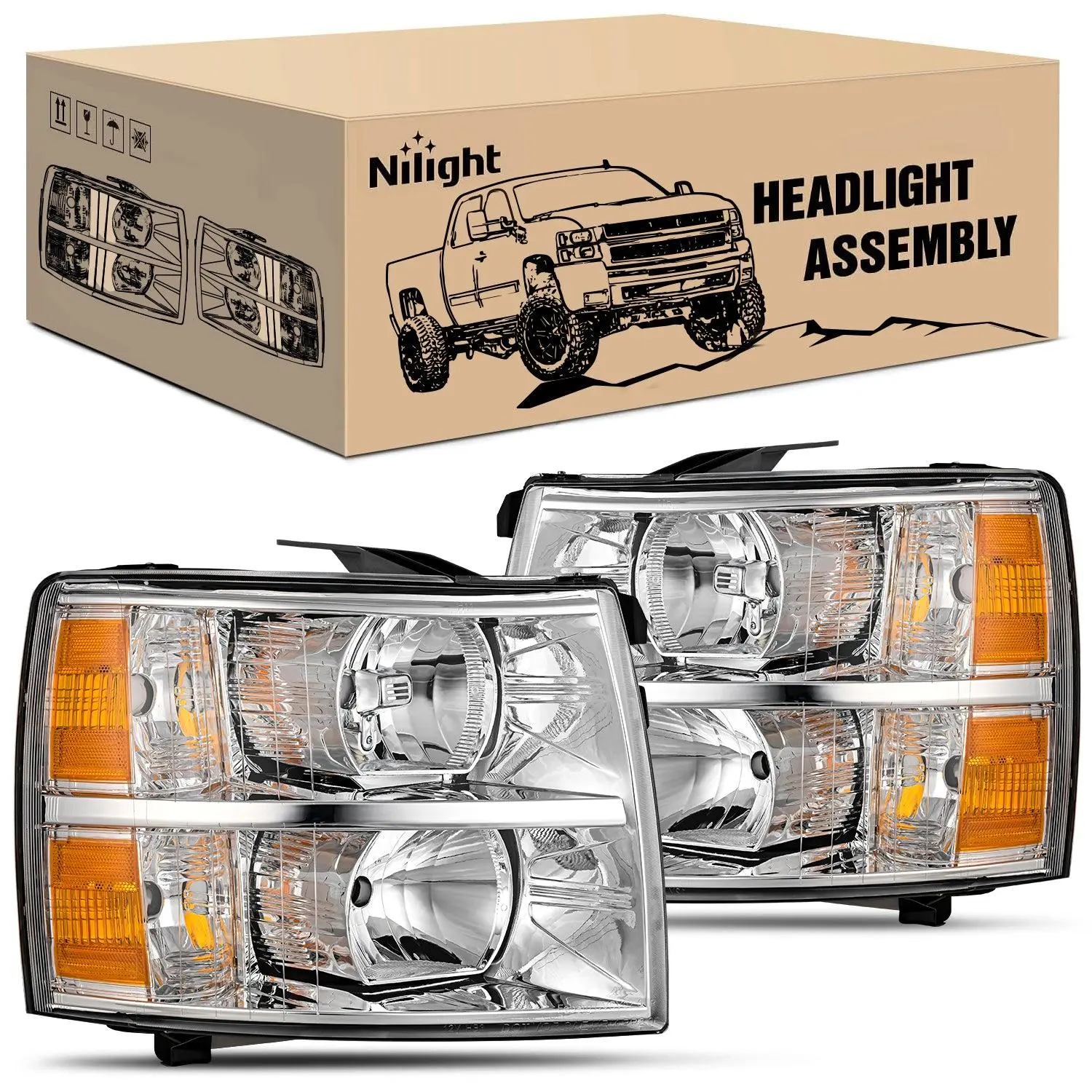 Nilight LED Headlight Assembly for Car Lighting - Compatible with 2007-2013 Silverado 1500, 2014 Silverado 2500HD/3500HD, Chrome Housing, Amber Reflector Replacement, Chrome Housing Headlight Bulbs (Led)
