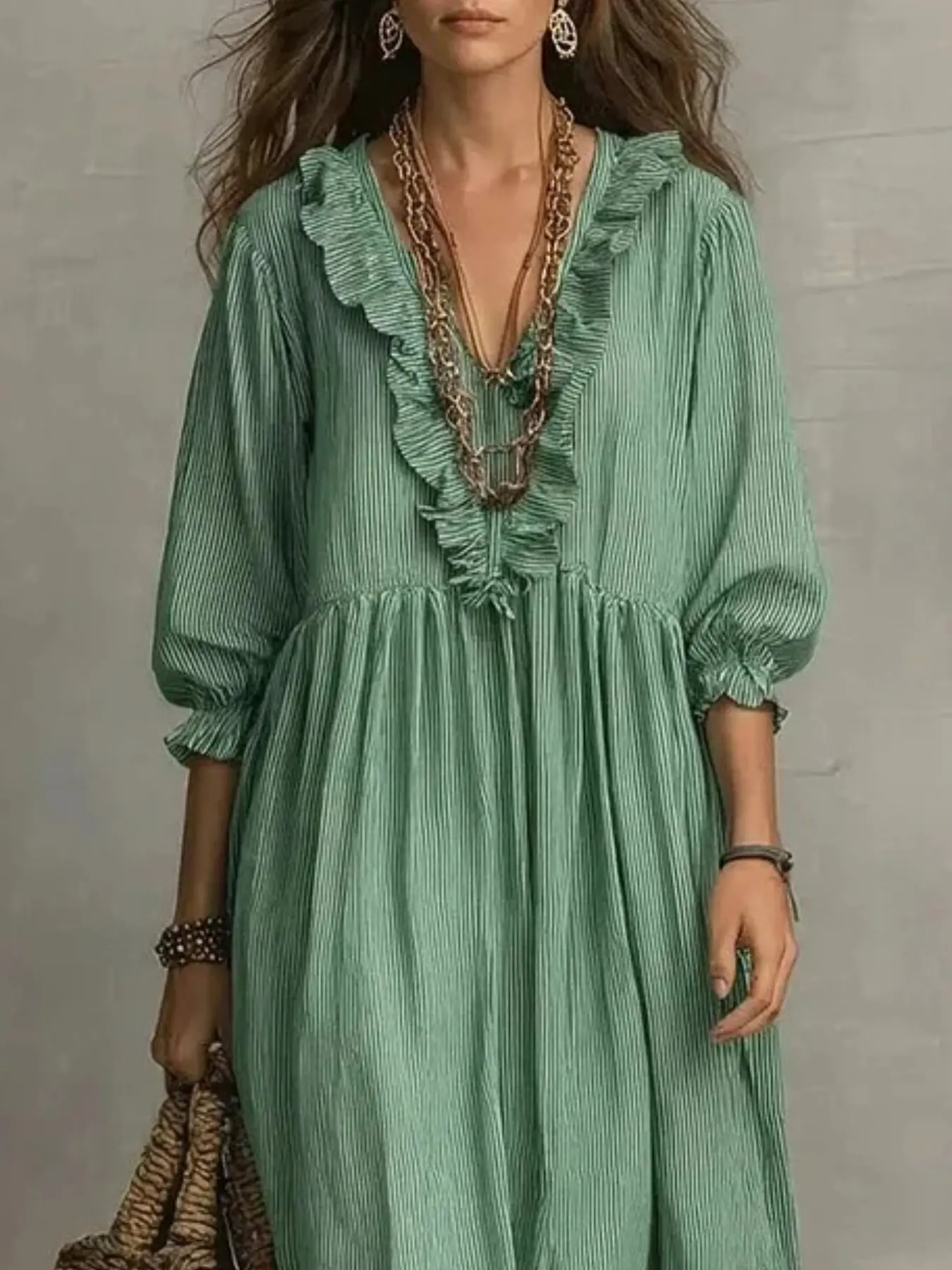 Boho Style Bohemian Three-Quarter Sleeve V Neck Dress, Striped Ruffle Design, High Waist A-Line Long Skirt, Conceals Belly Fat, Slimming Effect