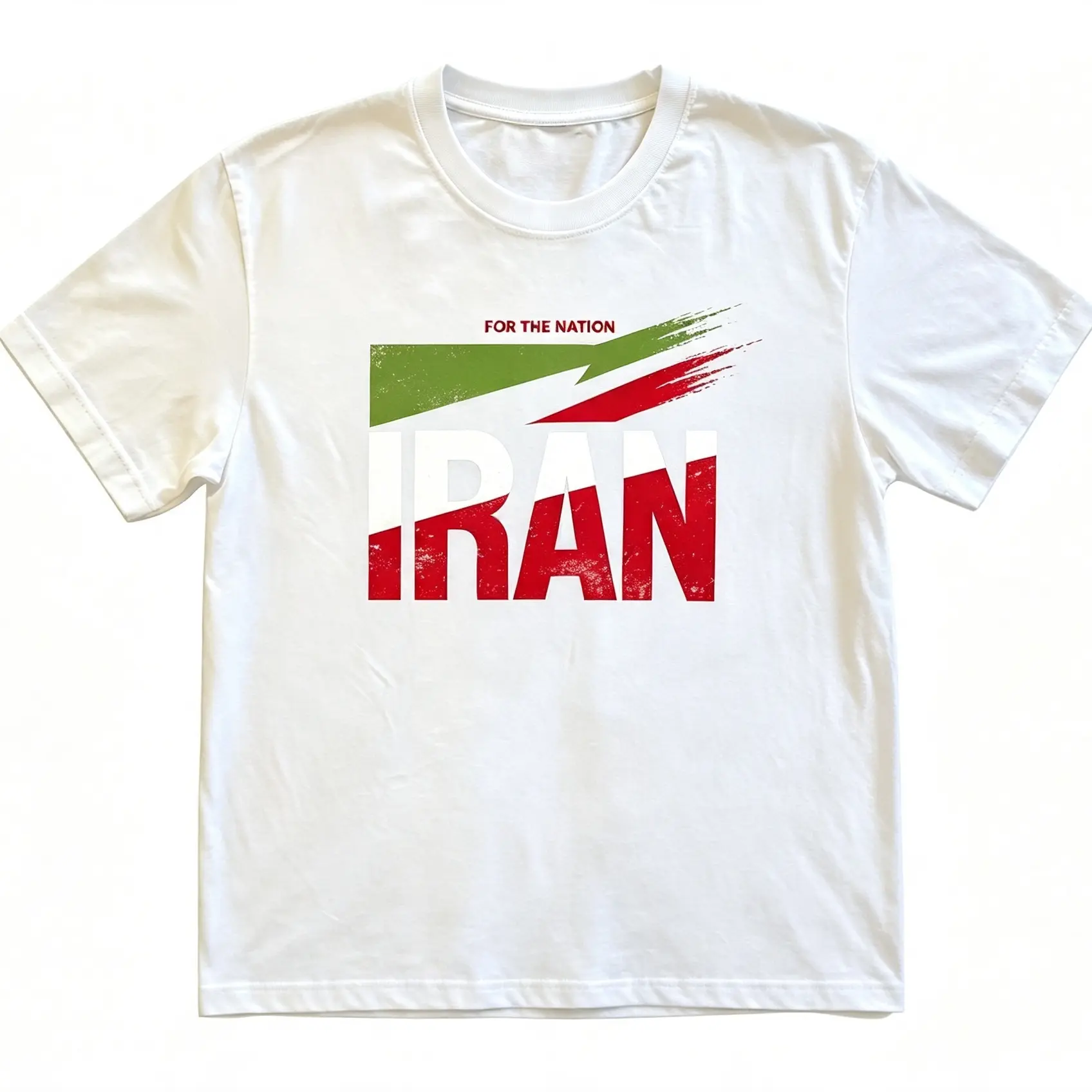 Unisex Iran Nation Graphic Menswear Top - Shortleeve Cotton Fabric T-Shirt, Vintage Distressed Iran Flag Green-Red Stripes Casual Tee