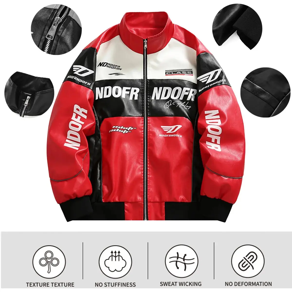 Unisex color-block PU leather racing jacket with stand collar, zipper closure, letter print, motorcycle jacket, Y2K hip-hop street style outerwear