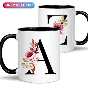Floral Alphabet Pattern Coffee Mug, Funny Coffee Mug, 2 Counts/set Initial Letter Monogram Floral Alphabet Ceramic Cup, Birthday & Xmas Gifts for Women, Drinkware, Coffee Cups, Ceramic Mugs