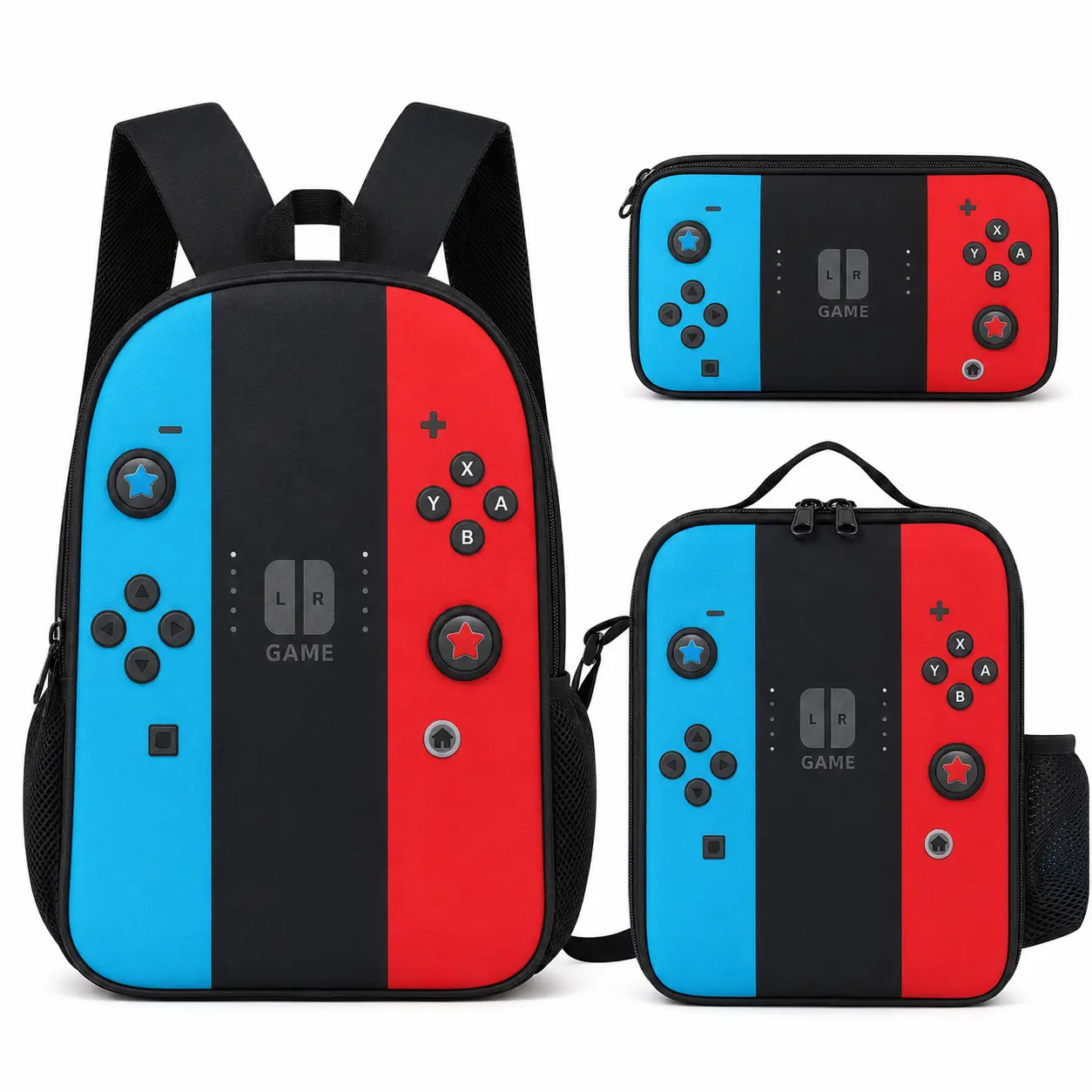 Game Controller 3 Piece Backpack Set With Matching Lunch Bag & Pencil Case, Durable School Travel Bookbag For Youth Boys Girls, Blue Red Gaming Print Design