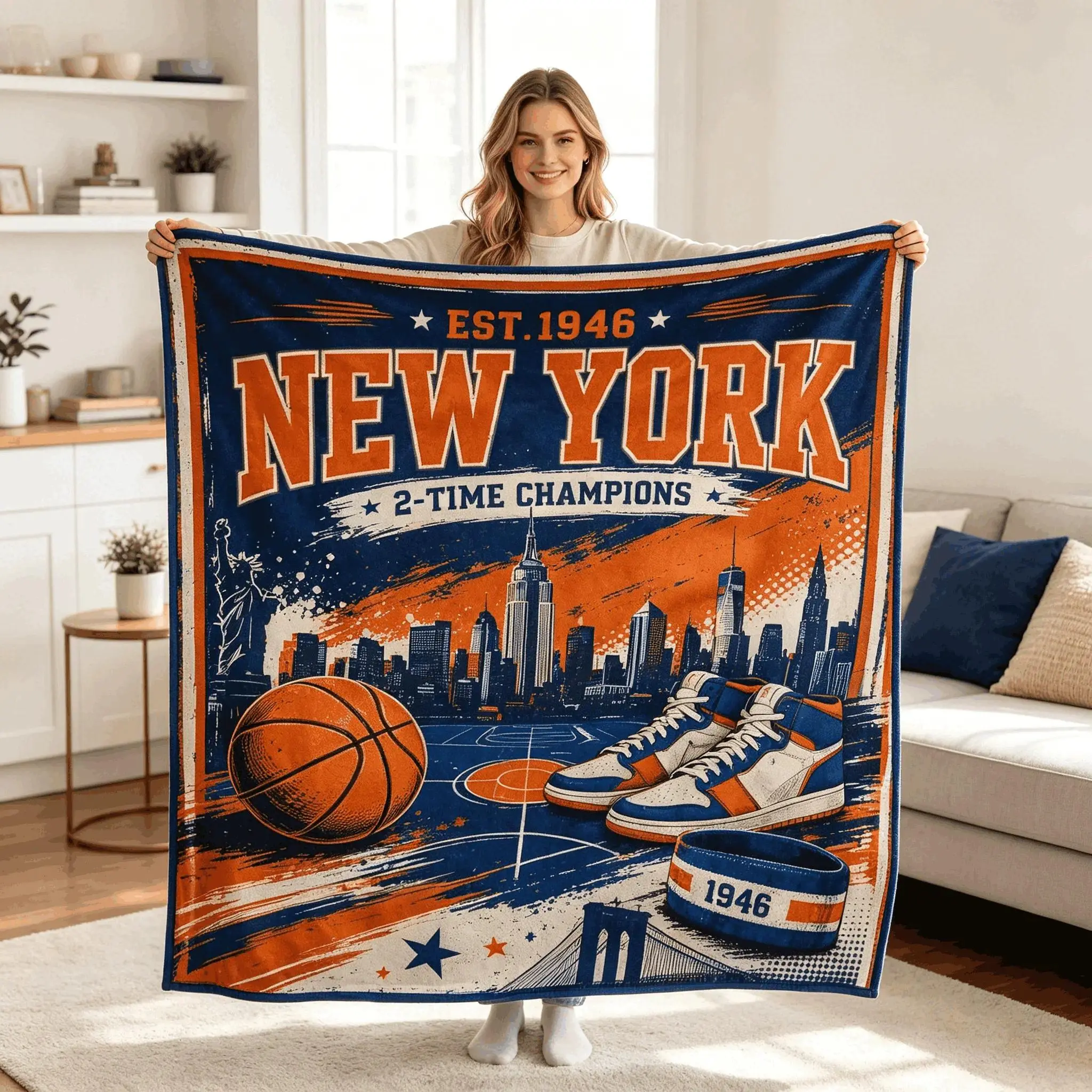 Vintage Traditional New York EST.1946 Basketball City Skyline Flannel Throw Blanket - Wrinkle Resistant, Retro Soft Fleece, Classic Orange Blue, All Seasons Bedding, Bedroom/Man Cave Decor, Perfect Birthday Gift for New York Fans, Breathable, Durable