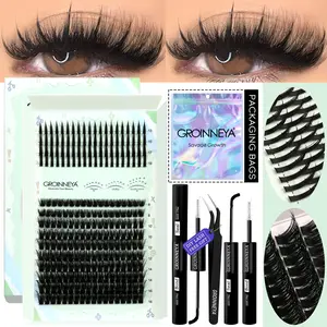 GROINNEYA 14 Rows High Capacity Individual Lashes Mix 8-19mm C Curl Eyelash Clusters Mulity Styles To DIY Lash Extension,Voluminous 5D Faux Mink Lashes Puffy Airy False Cluster Lashes With Bond And Seal And Lash Applicator Tool,Complete Eyelashes Kit